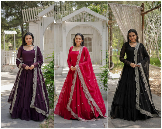 Desirable Women's gown Made With Faux Blooming Fabrics and Designer Embroidered Dupatta