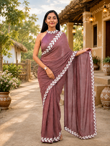 Women’s Mauve Pink Lace Saree with Elegant White Leaf Border | Stylish Designer Ethnic Saree