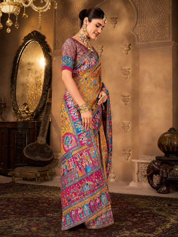 Women’s Yellow Printed Designer Saree with Multicolor Traditional Art Border | Festive & Wedding Wear Saree