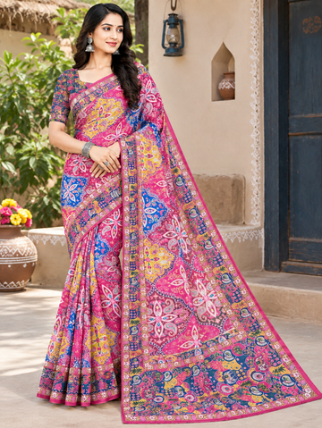 Women's Chinon Silk Saree with Printed Design,  Woven Detailing | Ethnic Wear Saree with Unstitched Blouse Piece | Traditional Festive & WeddingWear