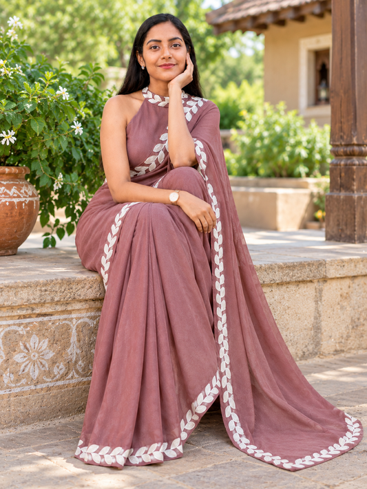 Elegant Dusty Mauve Pink Saree with White Leaf Lace Border | Premium Ethnic Wear Saree for Women