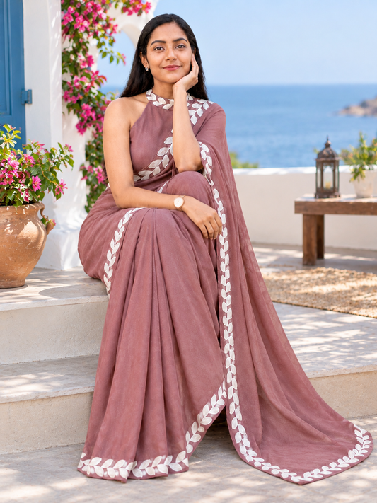 Women’s Mauve Pink Lace Saree with Elegant White Leaf Border | Stylish Designer Ethnic Saree