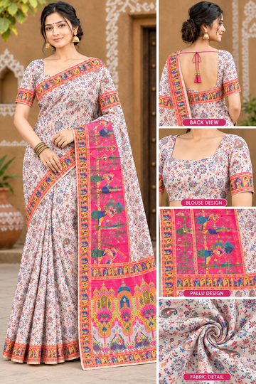 Women’s Traditional Printed Saree with Multicolour Border & Designer Pallu