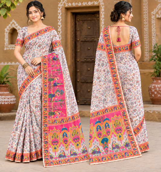 Women’s Traditional Printed Saree with Multicolour Border & Designer Pallu
