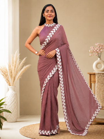 Elegant Dusty Mauve Pink Saree with White Leaf Lace Border | Premium Ethnic Wear Saree for Women