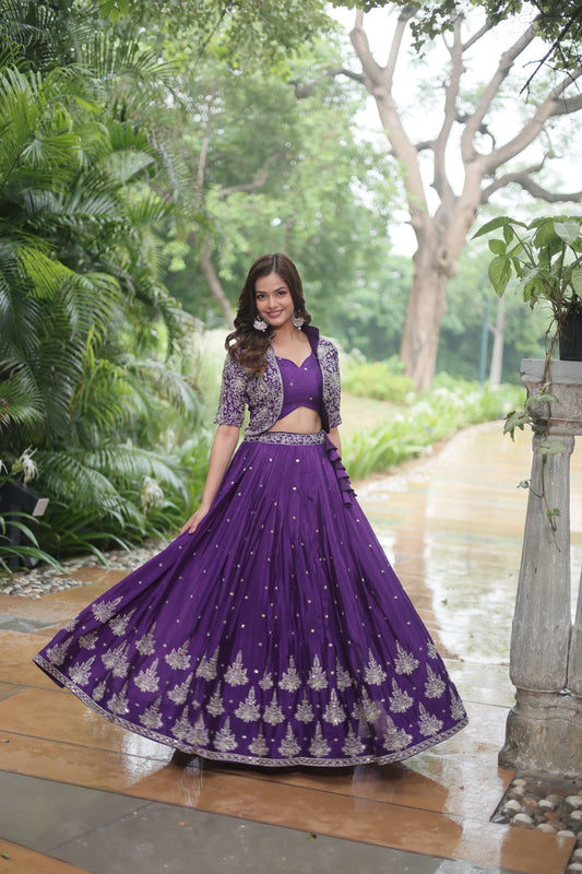 Trending Fashionable Co-ord  Set with  Rich Thread-Sequins Embroidered work Koti and Pure Chinon Lehenga