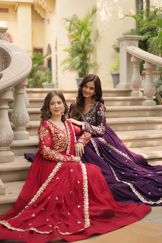 Luxury Maroon Georgette Anarkali with Gold Thread Embroidery