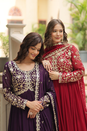Luxury Maroon Georgette Anarkali with Gold Thread Embroidery