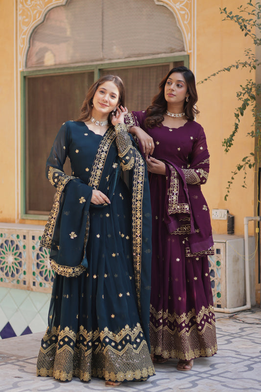 Pair of Designer Anarkali Suits with Gold Detailing – Perfect for Celebrations