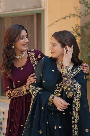 Pair of Designer Anarkali Suits with Gold Detailing – Perfect for Celebrations
