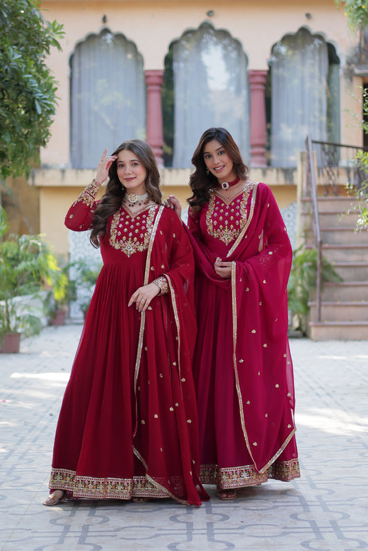 Party-Ready Maroon & Pink Long Dress with Embellished Neckline and Borders