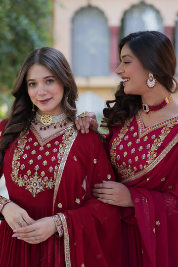 Party-Ready Maroon & Pink Long Dress with Embellished Neckline and Borders
