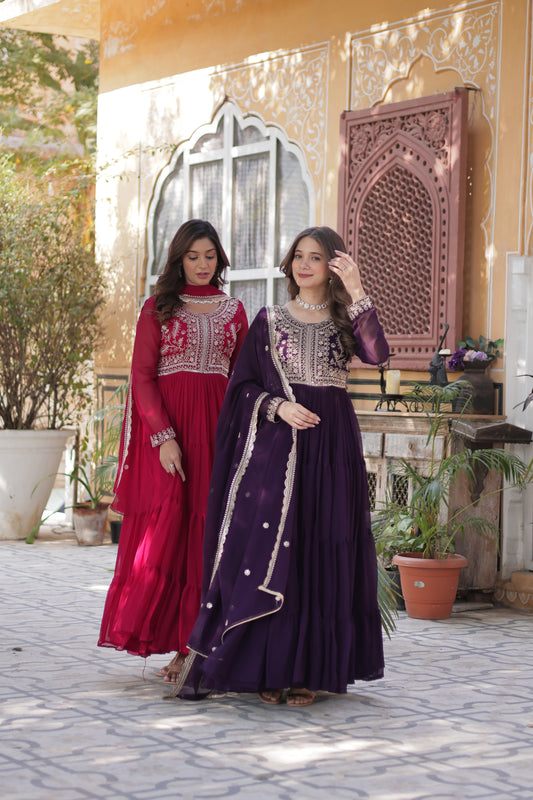 Designer Purple & Red Ethnic Wear with Heavy Embellished Bodice and Full Sleeves