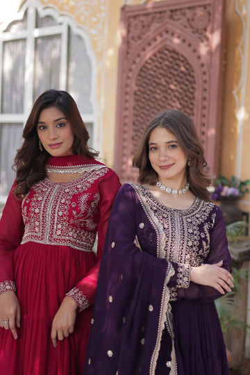 Designer Purple & Red Ethnic Wear with Heavy Embellished Bodice and Full Sleeves