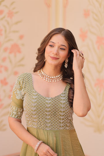 Desirable Women's Elegant Embroidered Gown with Half Sleeves & Flared Hem