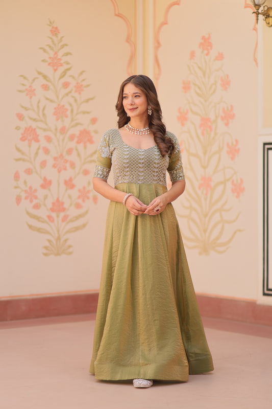 Desirable Women's Elegant Embroidered Gown with Half Sleeves & Flared Hem