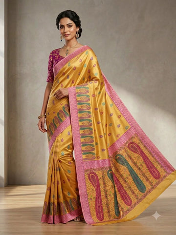 Yellow chinon Saree with Traditional Paisley Print & Designer Border