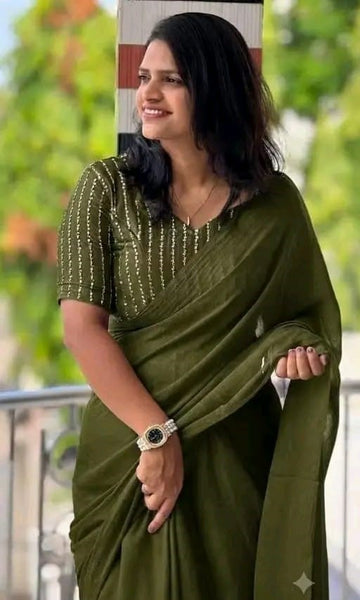 Olive Green Designer Saree with Sequin Embroidered Blouse
