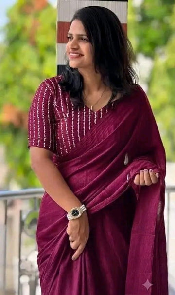Women’s Wine Maroon Designer Saree with Striped Blouse