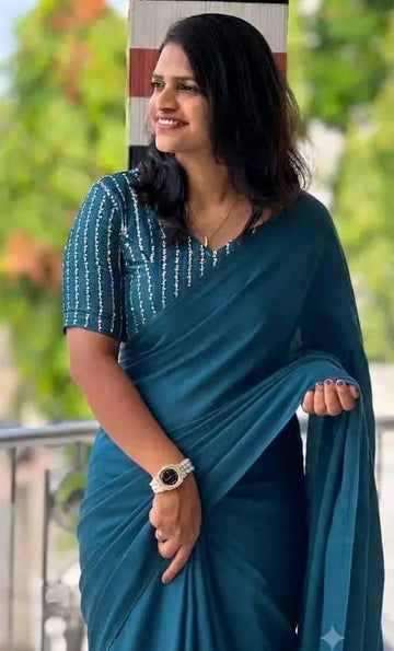 Women’s Wine BLU Designer Saree with Striped Blouse