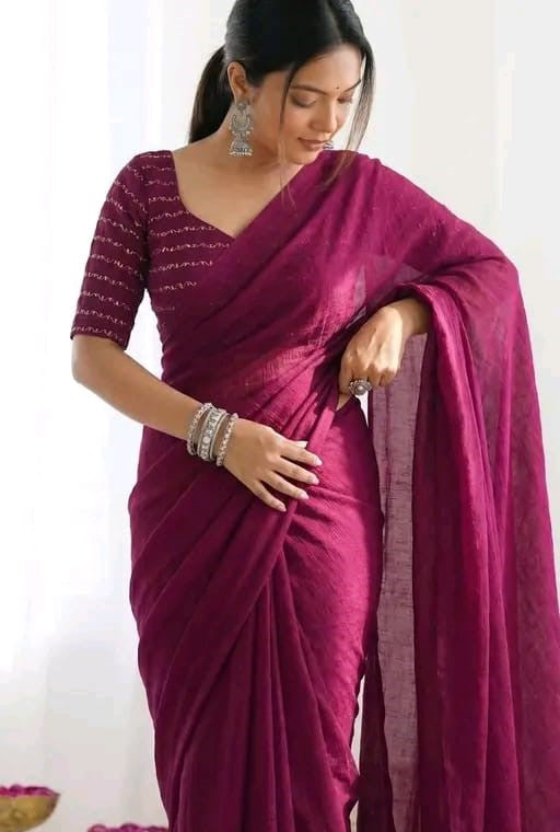 Women’s Wine Maroon Designer Saree with Striped Blouse