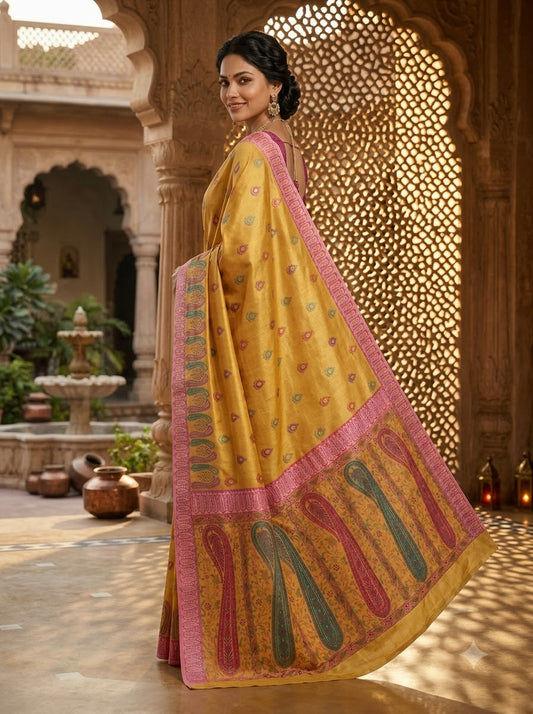 Yellow chinon Saree with Traditional Paisley Print & Designer Border