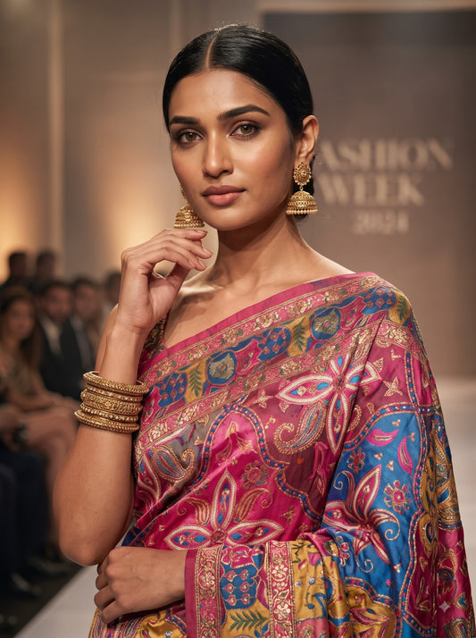 Women's Chinon Silk Saree with Printed Design,  Woven Detailing | Ethnic Wear Saree with Unstitched Blouse Piece | Traditional Festive & WeddingWear