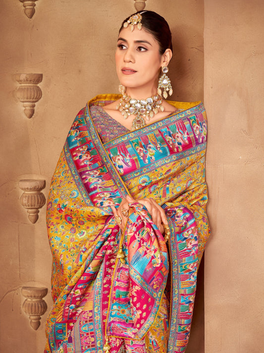 Woven, Digital Print Madhubani Pure Silk,  Saree (Multicolor)